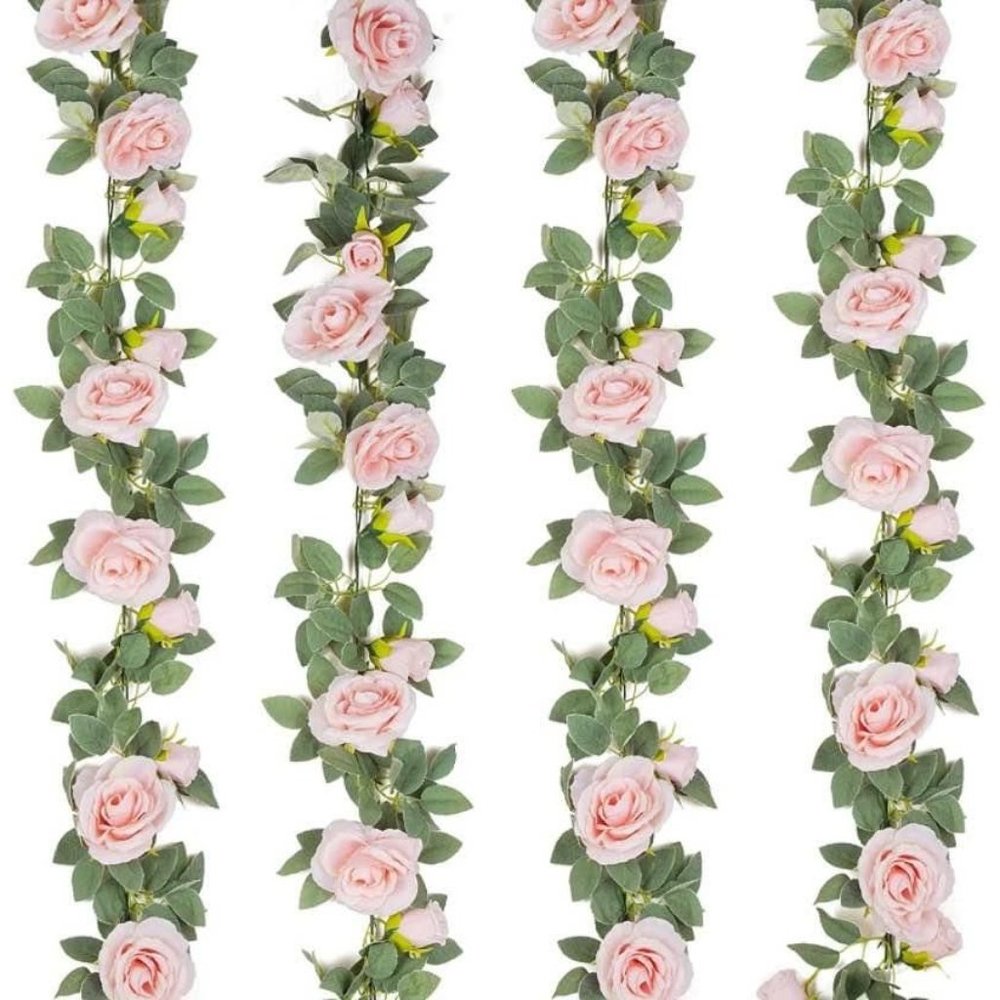 4 count | Pink Rose Floral Vines Green Leaves Garland Wedding Dining Table Decor - Picture 2 of 4